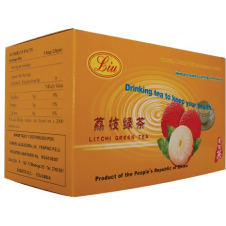Té verde y lychee  Caja de cartón por 20 bolsas de papel filtro de 3 g.(envíos a todo Colombia) 